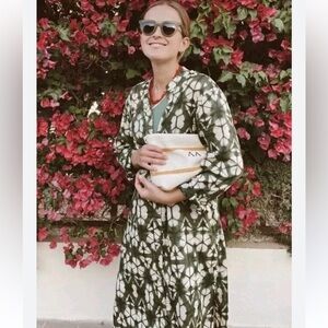 ZARA Dress Tunic WOMAN M Linen Blend Pattern PRINTED GREEN Retro Coastal Resort